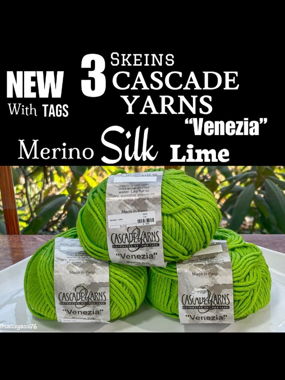 ▪️NWT▪️CASCADE YARNS▪️VENEZIA 3 Skeins Merino Silk LIME Yarn